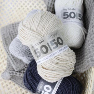 50-50 myboshi in 30 kleuren, 50g = 100m, voor alle seizoenen, gemaakt van katoen en merino, huidvriendelijk, Oeko-Tex gecertificeerd, kleding