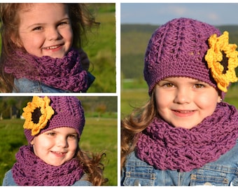 CROCHET INSTRUCTIONS + SUNFLOWER + hat with sunflower and loop, crochet hat, scarf, girls hat, instructions in German