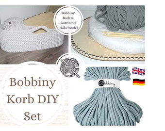 Bobbiny Set + Wunschfarbe + Holzboden 2 Größen zur Auswahl, zum Umhäkeln für Körbchen für JUMBO BOBBINY, Holzplatte, Woodenbase, Wunschfarbe