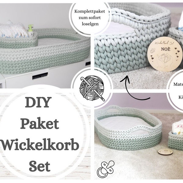 DIY Set Wickelkorb und Windelkorb + NOÈ + in Wunschfarbe/n + Holzboden zum Umhäkeln für Körbchen für Jumbo BOBBINY