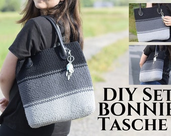 DIY Set BONNIE TASCHE + in Wunschfarben + mit stabilen Taschengriffe und Bobbiny Junior, Häkeltasche, eine stabile Handtasche selberhäkeln