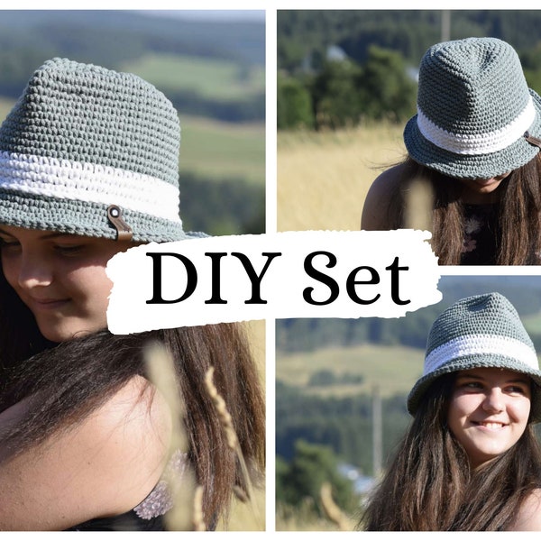 DIY set fedora hat JENNA + in desired colors + hat in boho look crochet yourself, summer hat, crochet hat, crochet set, instructions in German