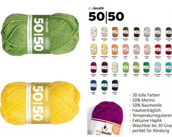 99,- / 1 kg + myboshi 50-50 in 30 colors, 50g = 100 m, seasons made of cotton and merino, skin-friendly Ökotex-certified, clothing