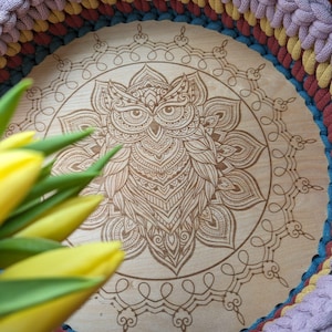 MANDALA EULE Holzboden für Häkelkorb, rund mit 10 oder 14mm Lochgröße, perfekt für Bobbiny Garn,  verschiedene Größen, Sperrholz