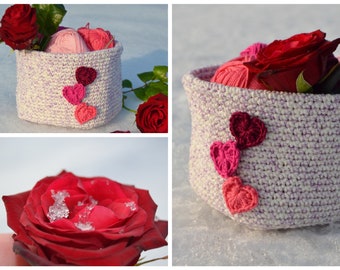 CROCHET INSTRUCTIONS + LOVELY + basket / Utensilo crochet gift basket with heart appliqué, instructions in German