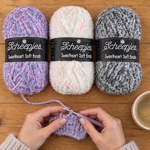 Op de afbeelding: Drie bollen Scheepjes Sweetheart Soft Brush garen in paars, wit met roze en groene spikkels, en donkergrijs. Een paarse haaknaald wordt gebruikt om met het paarse garen te werken, en een witte keramische koffiemok staat in de buurt.