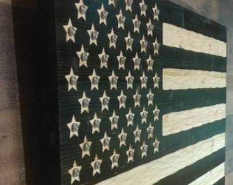 American Flag Wooden chiseled texture nickel plated ammo casings centered in all 50 start, subdued USA Flag. FREE Shipping. Made in USA