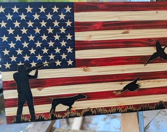 Ready to Ship: American USA Flag Chisel Texture carved with Pheasant Hunting scene and FREE Shipping.