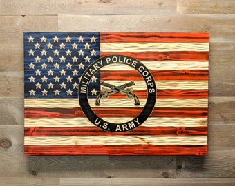 Wooden American/Military Police Corps Flag with chiseled texture, rustic USA Flag. Free Shipping. Veteran Made in USA