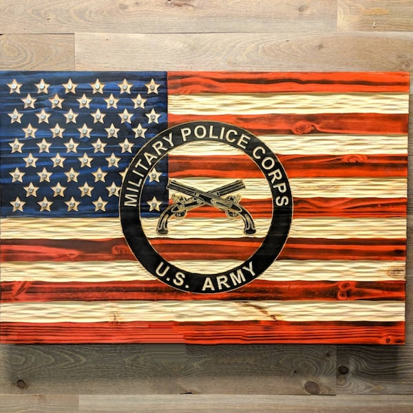 Wooden American/Military Police Corps Flag with chiseled texture, rustic USA Flag. Free Shipping. Veteran Made in USA
