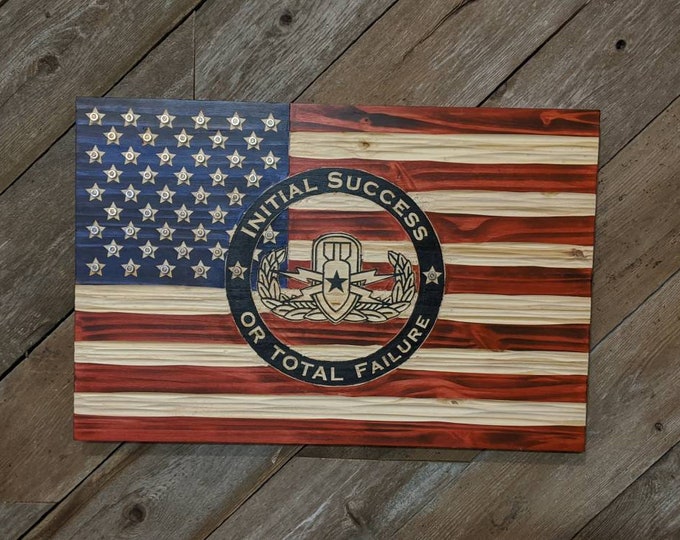 Wooden American/EOD  Flag with chiseled texture, rustic USA Flag. Free Shipping. Veteran Made in USA