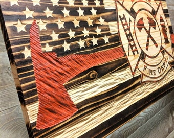 Flame Charred Fire Fighters Thin Red Line Chiseled USA rustic flag with Fire Cross.