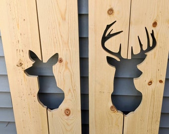 Pair of Exterior Shutters with Deer (Buck and Doe) cutout: Customize your shutter height, to fit your windows