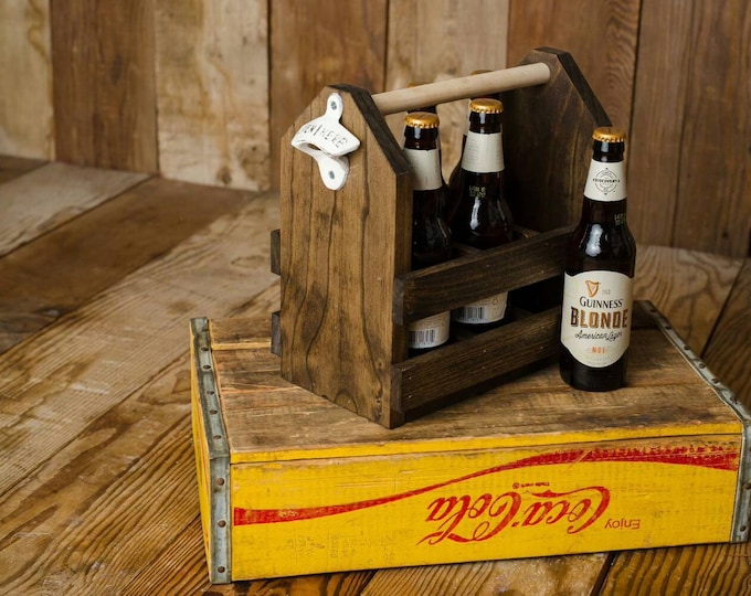 Personalized Six (6) pack rustic beer caddy tote WITH bottle opener groomsmen gift, man cave,  micro brewery must have
