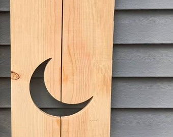Exterior Crescent Moon Shutter made of Pine perfect for your Cabin, cottage, or beach house great rustic northwoods decor