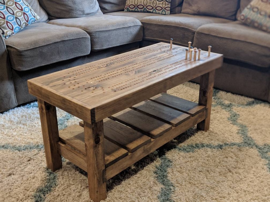 Cribbage Board Coffee Table With Wooden Pegs & Storage Compartment, Beautiful Rustic Style Cabin