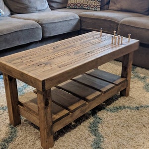 Cribbage Board Coffee Table with wooden Pegs & Storage Compartment, beautiful rustic style Cabin Furniture