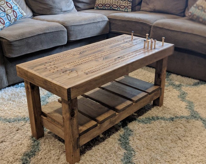 Cribbage Board Coffee Table with wooden Pegs & Storage Compartment, beautiful rustic style Cabin Furniture