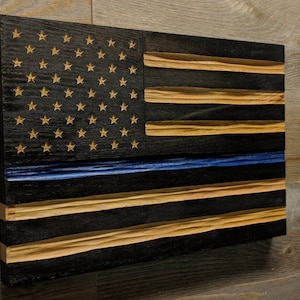 Thin Blue Line Police Flag, Carved wood american flag wall art, best selling items, police retirement gift, US flag oak wood, Veteran Made