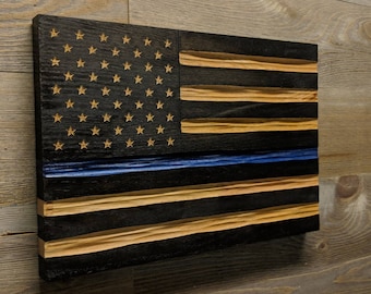 Thin Blue Line Police Flag, Carved wood american flag wall art, best selling items, police retirement gift, US flag oak wood, Veteran Made