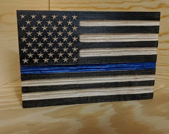 Desktop Thin Blue Line flag carved in Maple hardwood