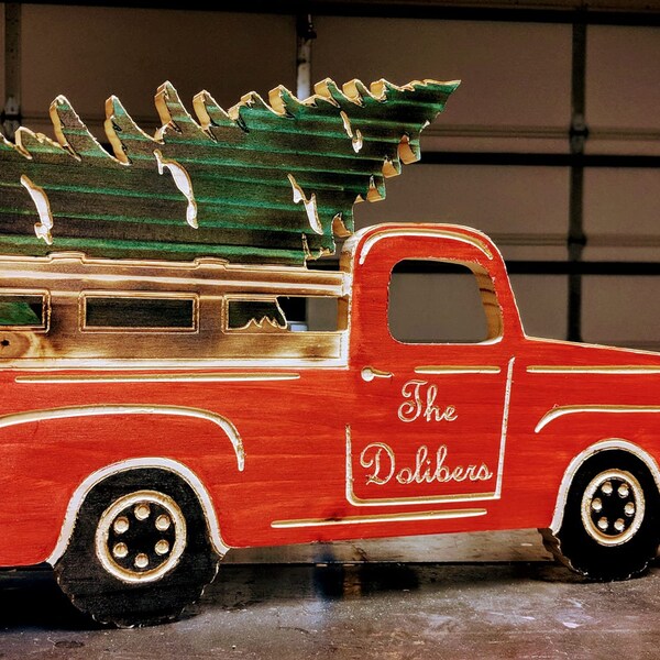 Vintage Wooden Red Truck with Christmas Tree sign personalized with family name