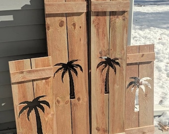 Exterior Palm Tree Shutter made of pressure treated lumber, perfect for your VRBO, AirB&B, Cabin, cottage, or beach house decor