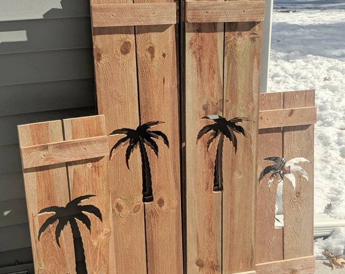 Exterior Palm Tree Shutter made of pressure treated lumber, perfect for your VRBO, AirB&B, Cabin, cottage, or beach house decor
