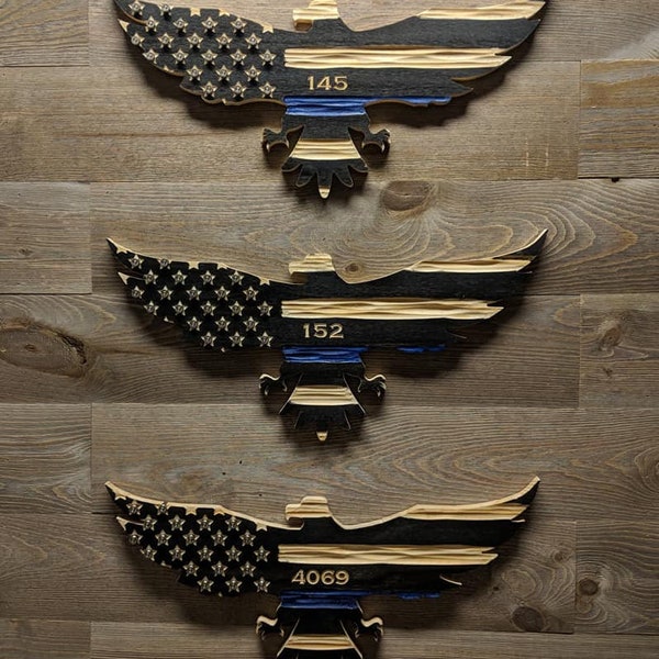 Thin Blue Line Carved wooden American flag eagle with unique chisel texture.