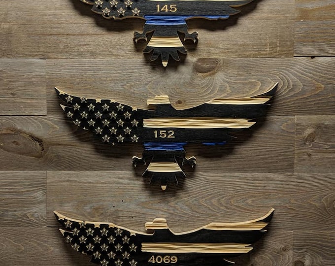 Thin Blue Line Carved wooden American flag eagle with unique chisel texture.