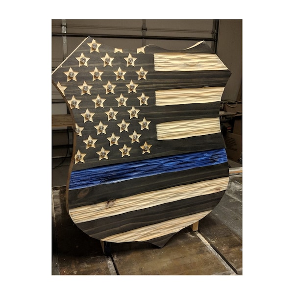 Thin Blue Line Police badge carved in wood with unique chisel texture that you won't find elsewhere