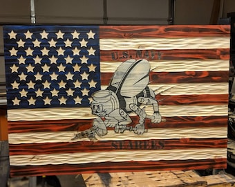 NEW United States Flag with  Seabee Emblem carved in wood. FREE Shipping.