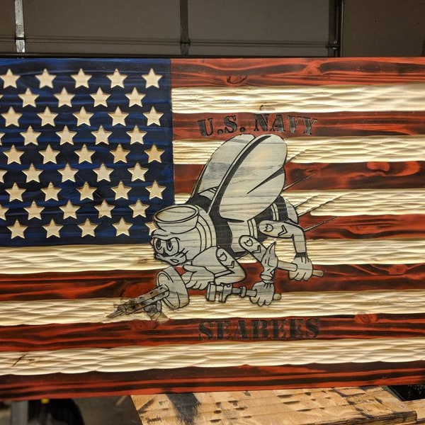 NEW United States Flag with  Seabee Emblem carved in wood. FREE Shipping.