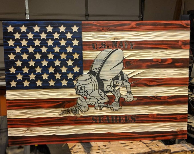 NEW United States Flag with  Seabee Emblem carved in wood. FREE Shipping.