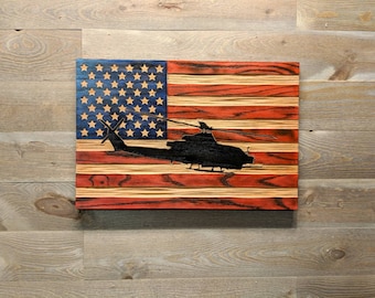 Custom Carved Flags with Helicopter overlaid on Red, White and Blue