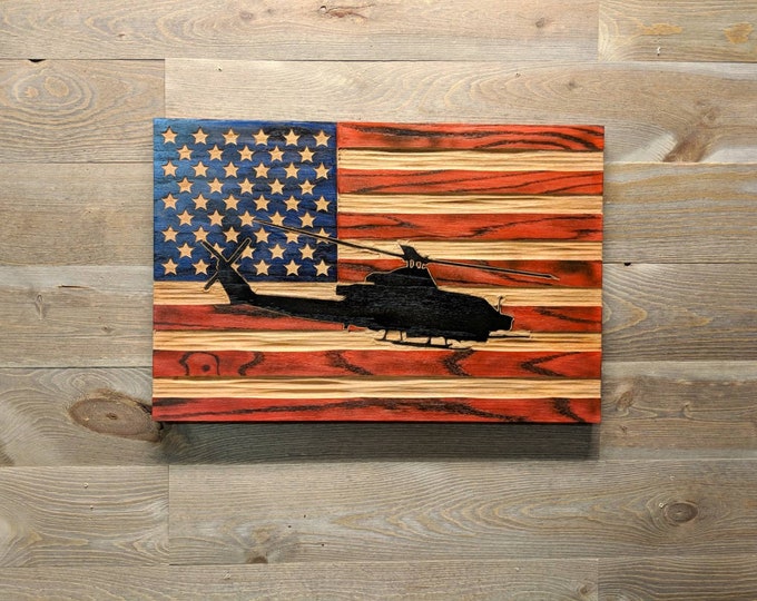 Custom Carved Flags with Helicopter overlaid on Red, White and Blue