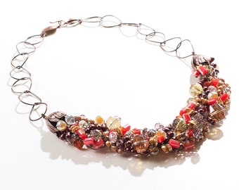 Orange/ Crystal/ Pearls Wire Crochet Statement Necklace