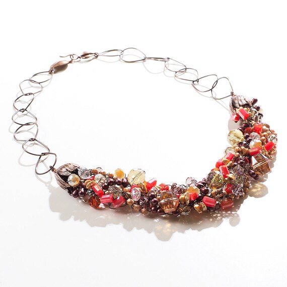 Orange/ Crystal/ Pearls Wire Crochet Statement Necklace