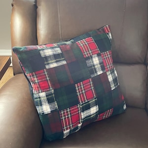 Flannel plaid patchwork pillow cover with red, black, white, navy colors, Throw pillow