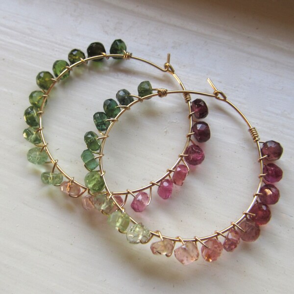 Pendientes de turmalina de sandía aros de piedra de nacimiento de octubre oro ombre degradado multi aros grandes rosa blanco verde