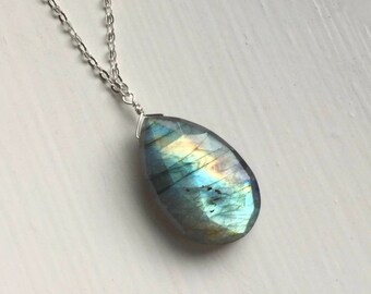 Labradorite necklace blue green flash silver gold rose gold oxidized custom chain