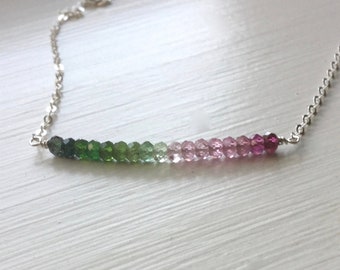 Watermelon tourmaline necklace October birthstone ombre gradient multi silver gold chain rondelles