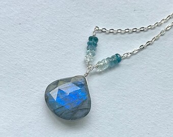 Labradorite Aquamarine Gemstone Necklace: Sterling Silver, Gold, Rose Gold