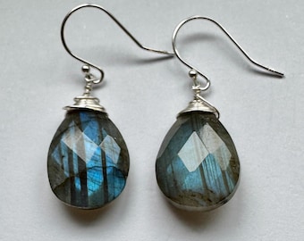 Labradorite earrings pear sterling silver gold fill rose gold wrap French wire lever hoops