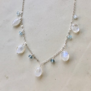 Moonstone necklace aquamarine silver something blue statement wedding necklace