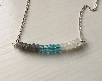 Labradorite moonstone apatite bar necklace ocean silver yellow gold rose gold oxidized chain options