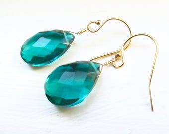 Peacock green earrings quartz briolette silver gold rose oxidized simple modern