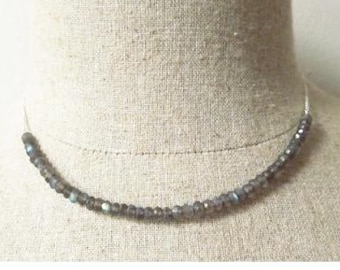 Labradorite necklace torc bar fiery grey silver chain rondelles
