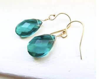 Peacock green earrings quartz briolette silver gold rose oxidized simple modern