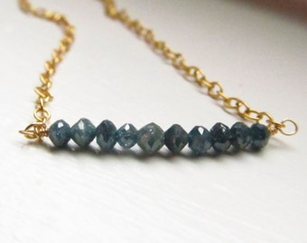 Blue diamond necklace raw teal peacock gold fill chain polished rondelles
